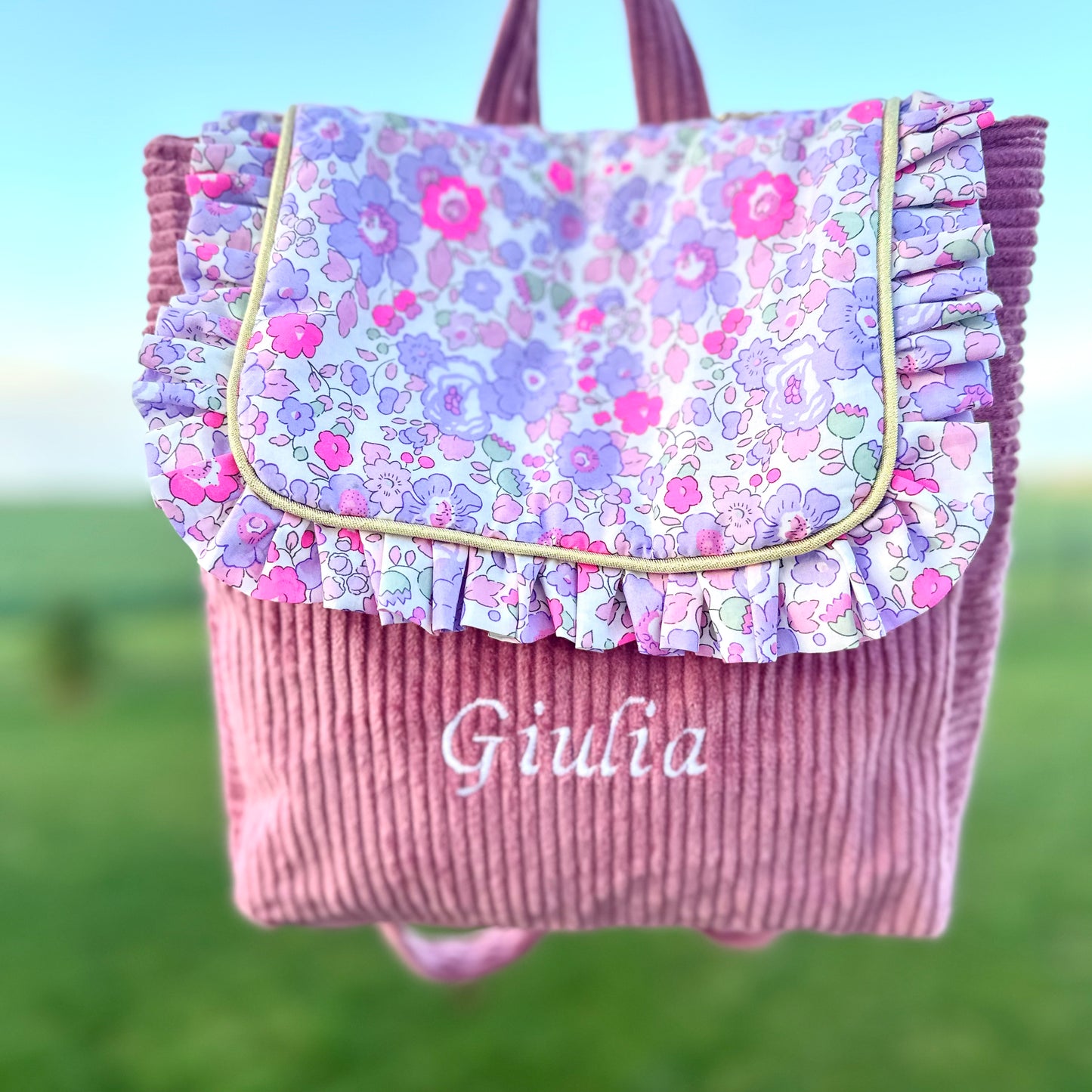 Mini cartable froufrou en velours côtelé (sur commande)