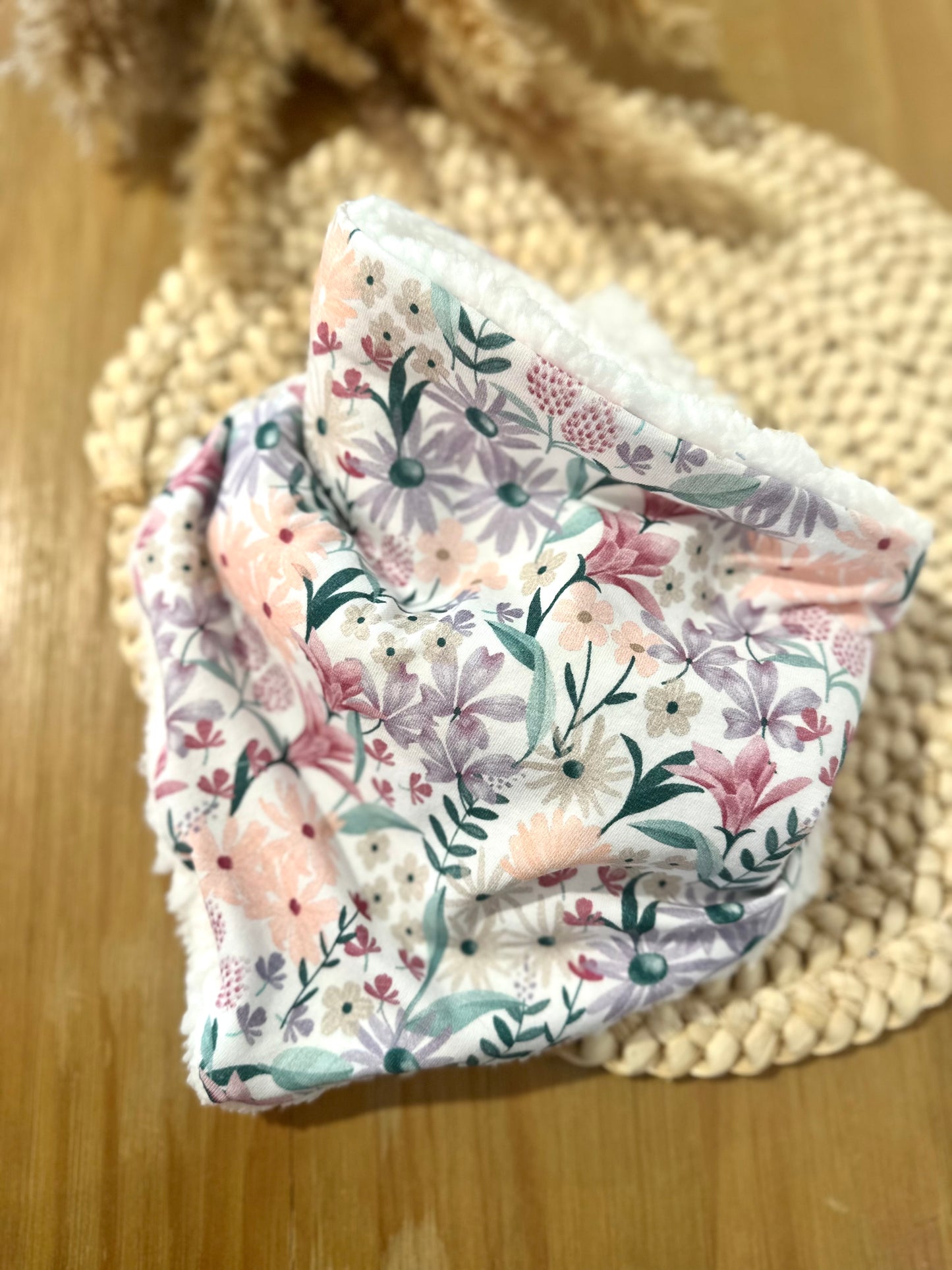 Bandana - Snood / cache cou enfant - Thème fleurs parmes (modèle unique)