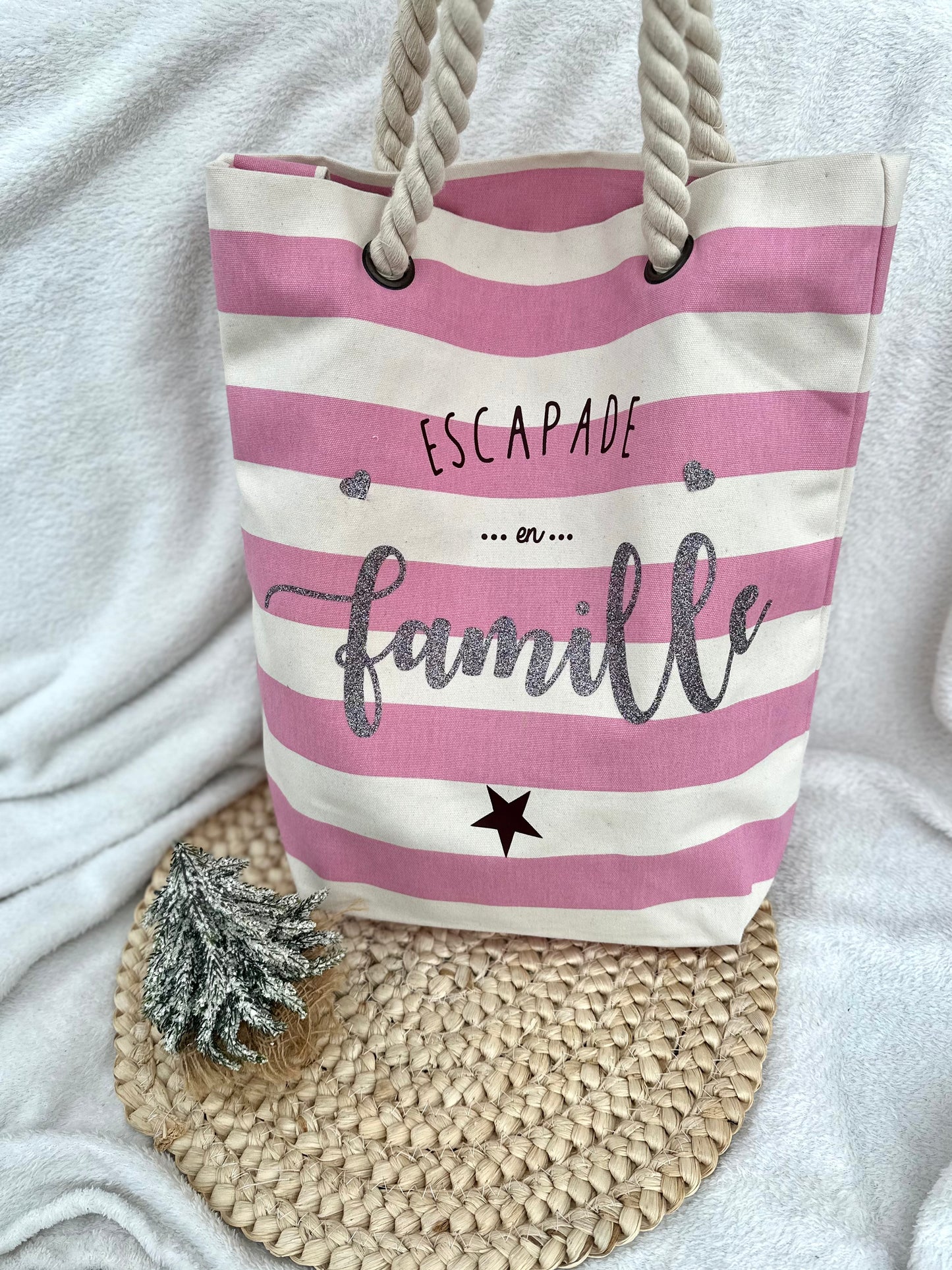 Petit Sac de plage marinière rose "Escapade en famille" (en stock)