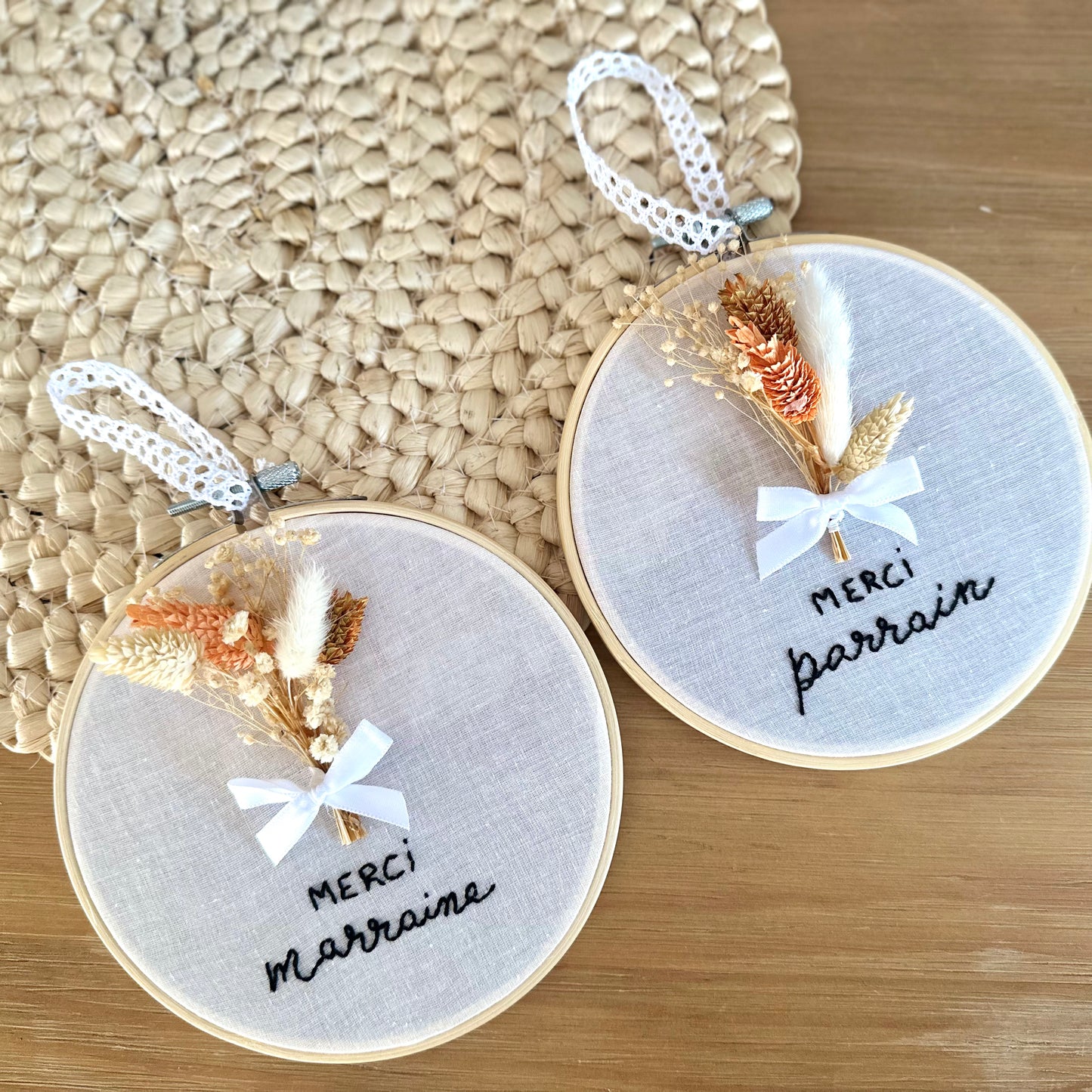 Duo de Tambour brodés Parrain/Marraine - fleurs séchées (sur commande)