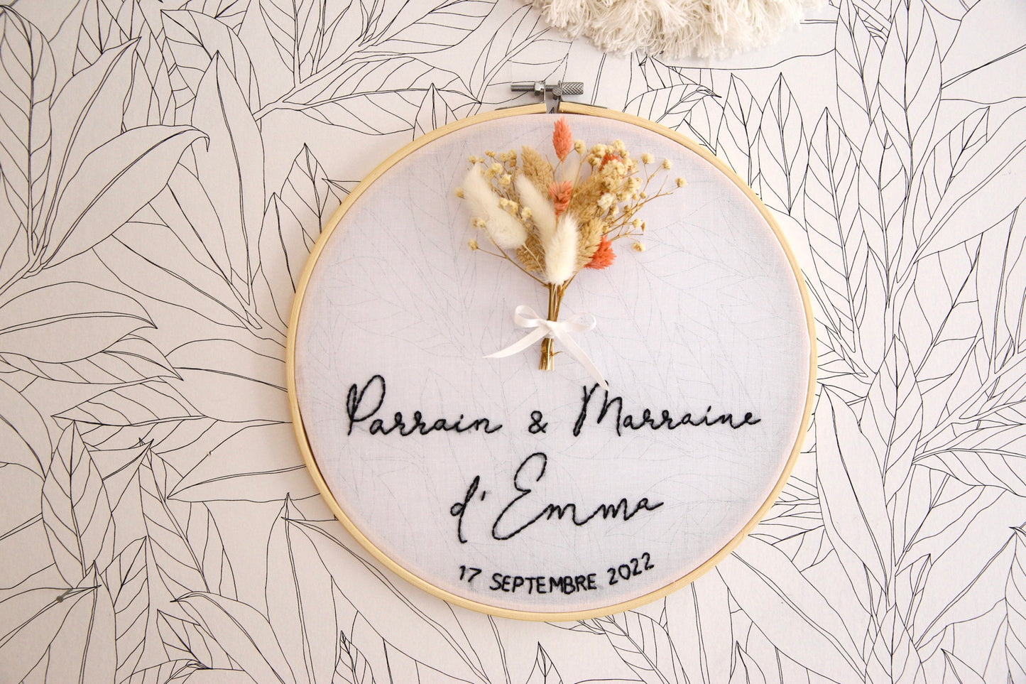 Tambour brodés Parrain & Marraine - fleurs séchées (délai 2 semaines)