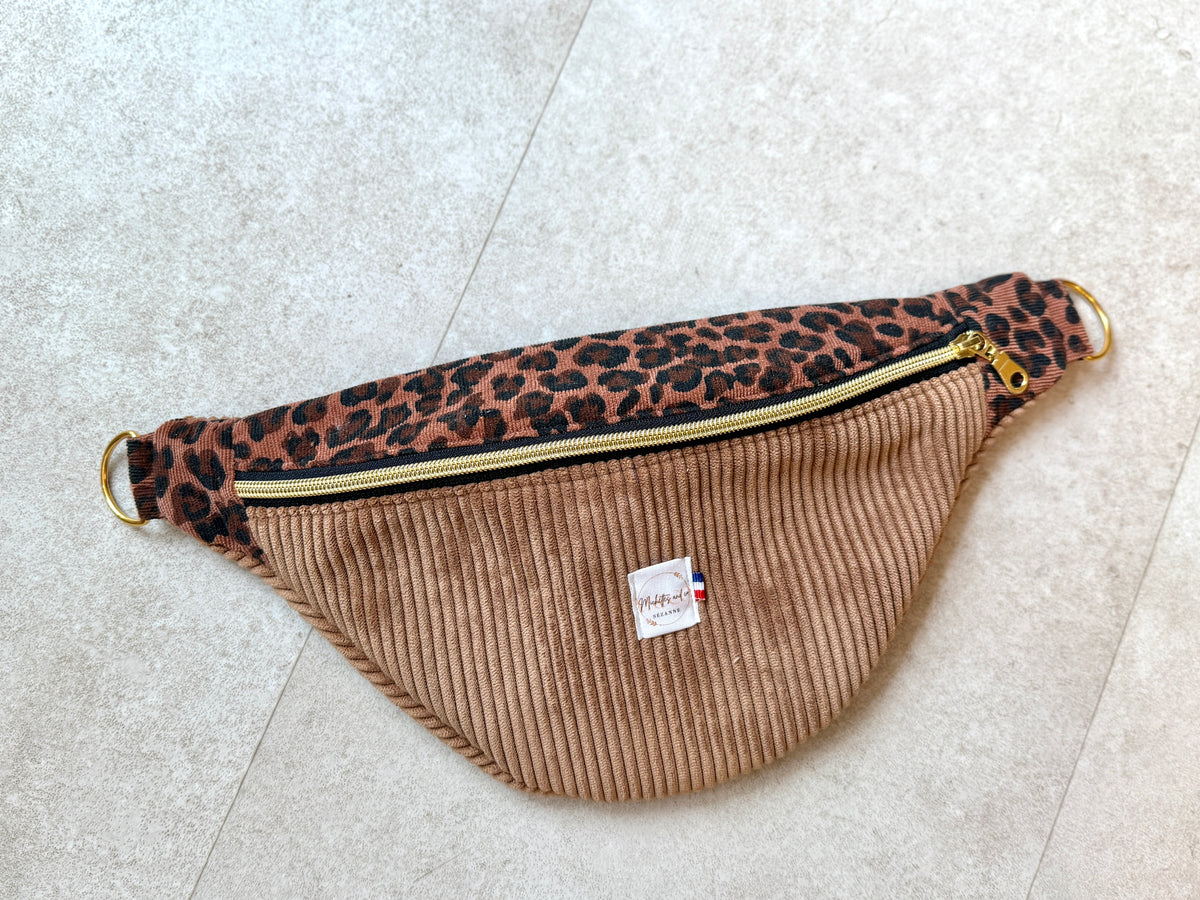 Sac Banane velours côtelé Marron / léopard par Michettes and co