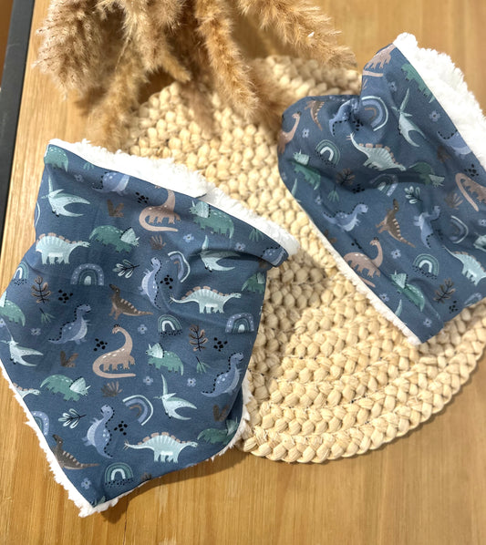 Bandana - Snood / cache cou enfant - Thème dinosaure (fond bleu)