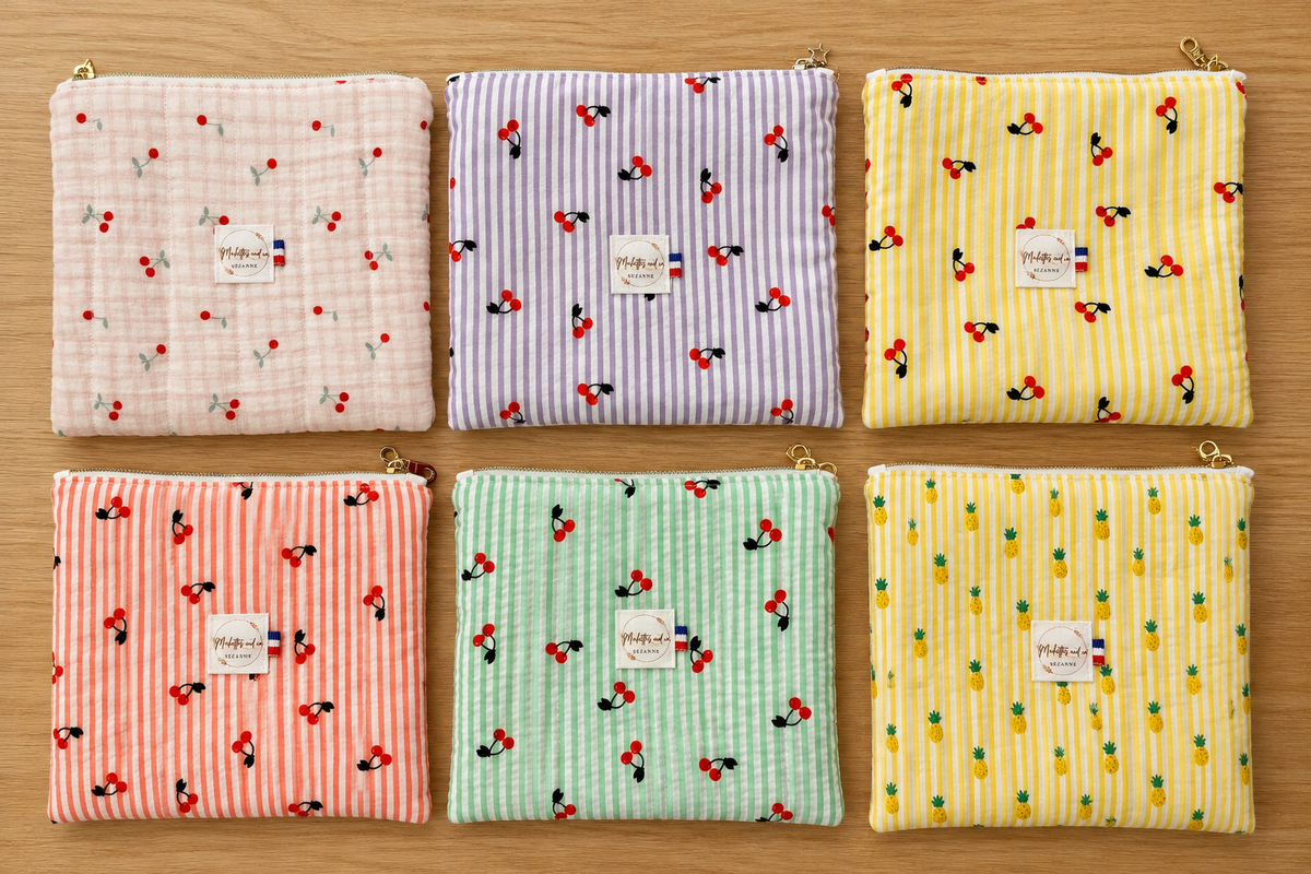 Pochettes matelassées à motifs fruités  par Michettes and co
